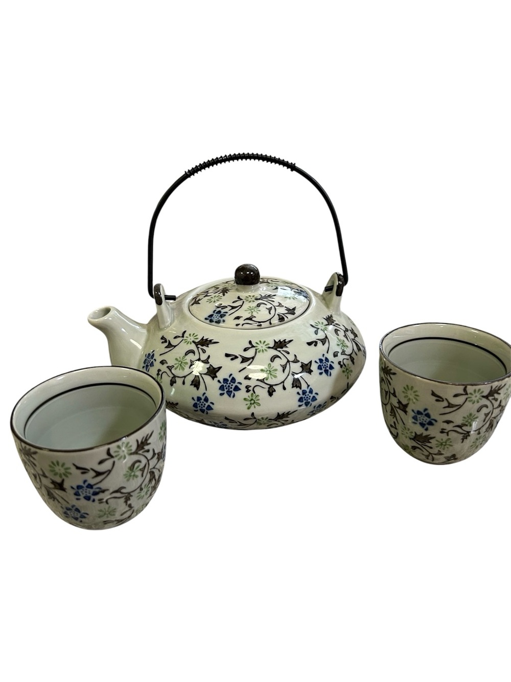 Pier1 Vintage Hand Painted Floral Tomoko Porcelain Teapot Metal Handle +Two Cups